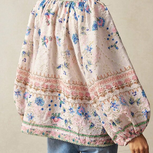 Boho Women's Plus Size Floral Print Hollow Out Embroidered Lantern Sleeve top - Picture 7 of 7